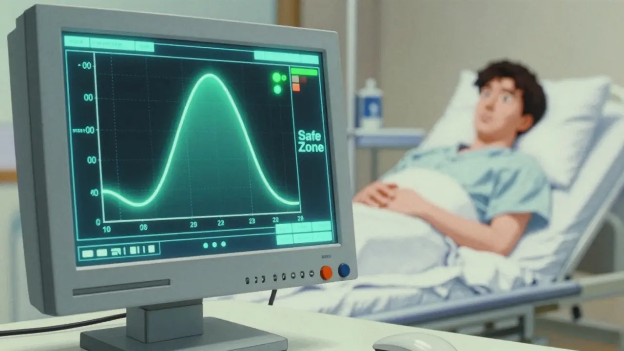 80s anime style medical screen showing an AUC graph for precise drug dosing