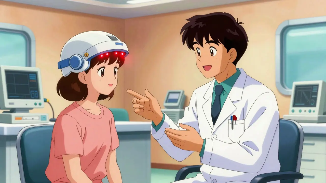 80s anime style patient wearing a red LED laser cap in a futuristic clinic