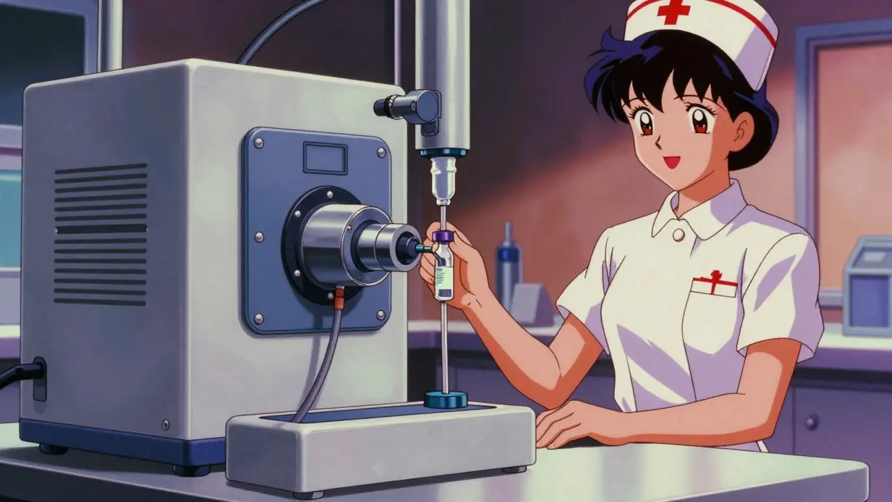 A detailed view of a Closed-System Transfer Device used for drug safety in a hospital.