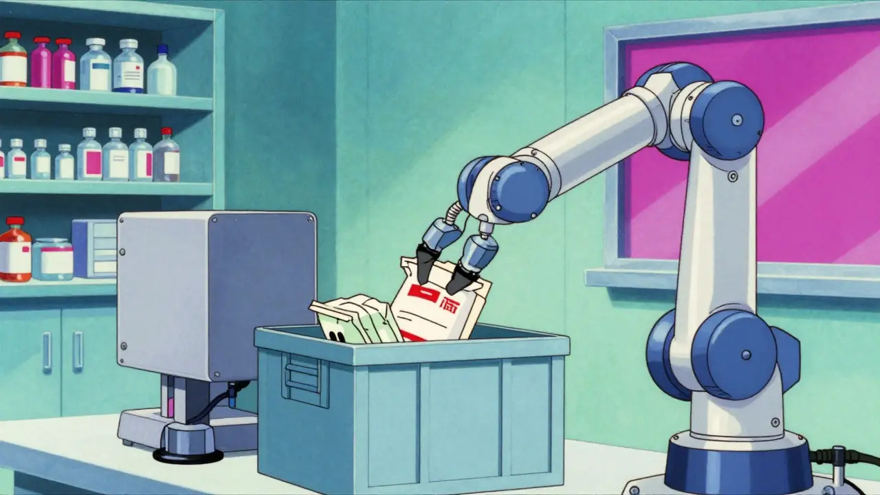 A high-tech pharmacy warehouse with robotic arms in 80s anime style