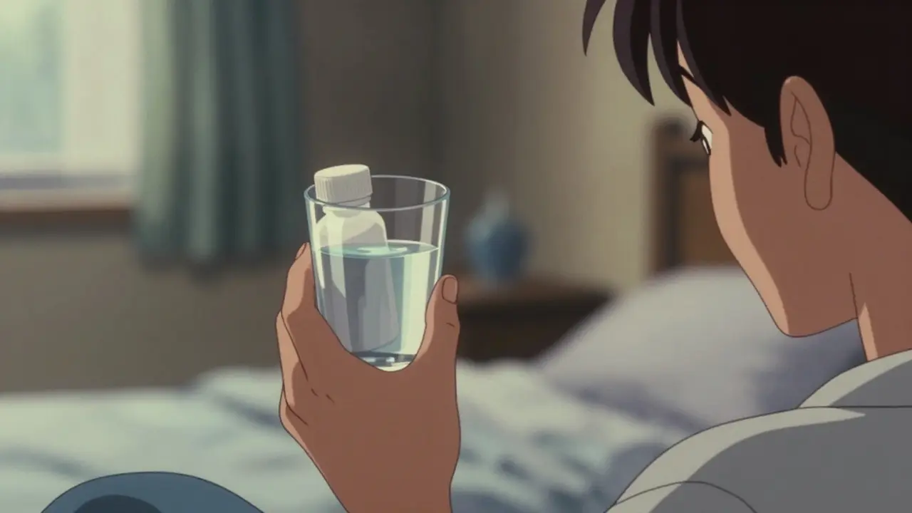 A person preparing to take medication in a nostalgic 80s anime setting