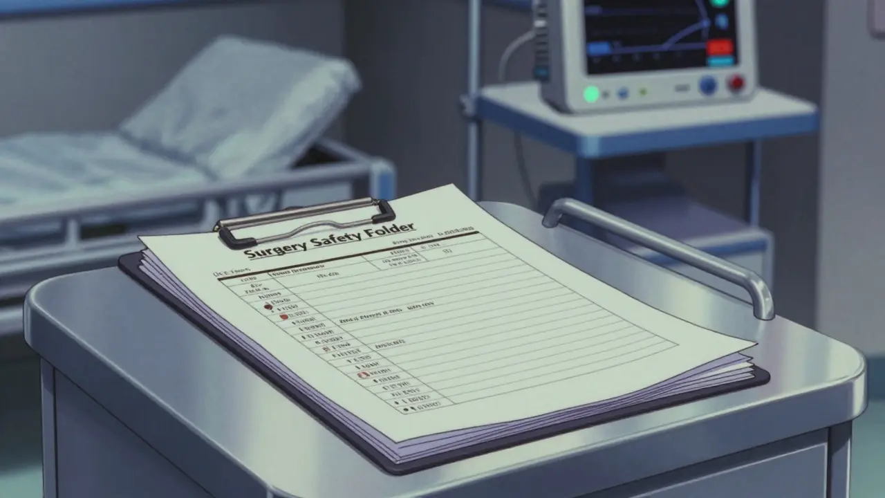 A safety folder with medication lists on a hospital table in 80s anime style