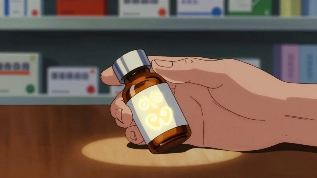 Hands inspecting prescription bottle under focused light.