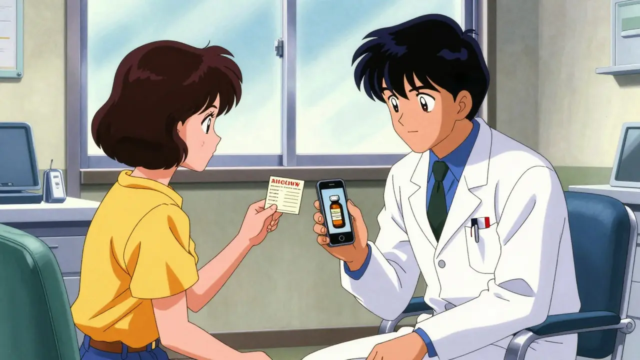 Patient showing an allergy card and phone to a doctor in 80s anime style