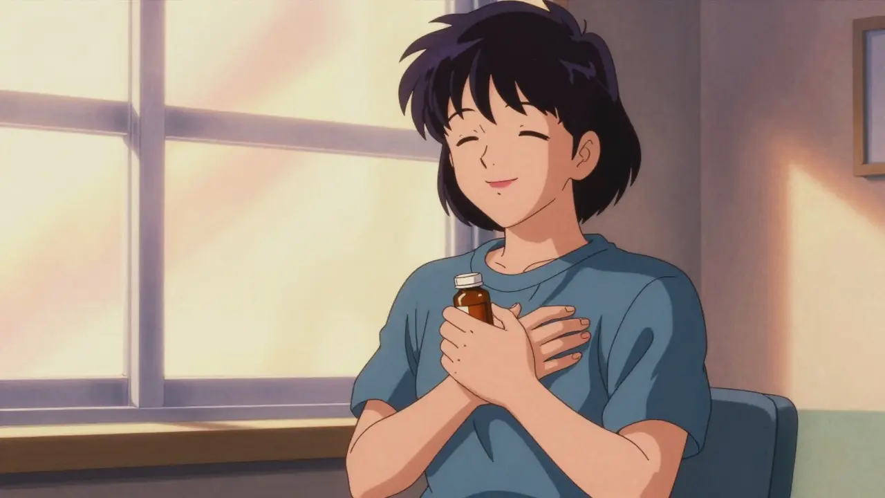 Relieved patient smiling with medication near sunny window.